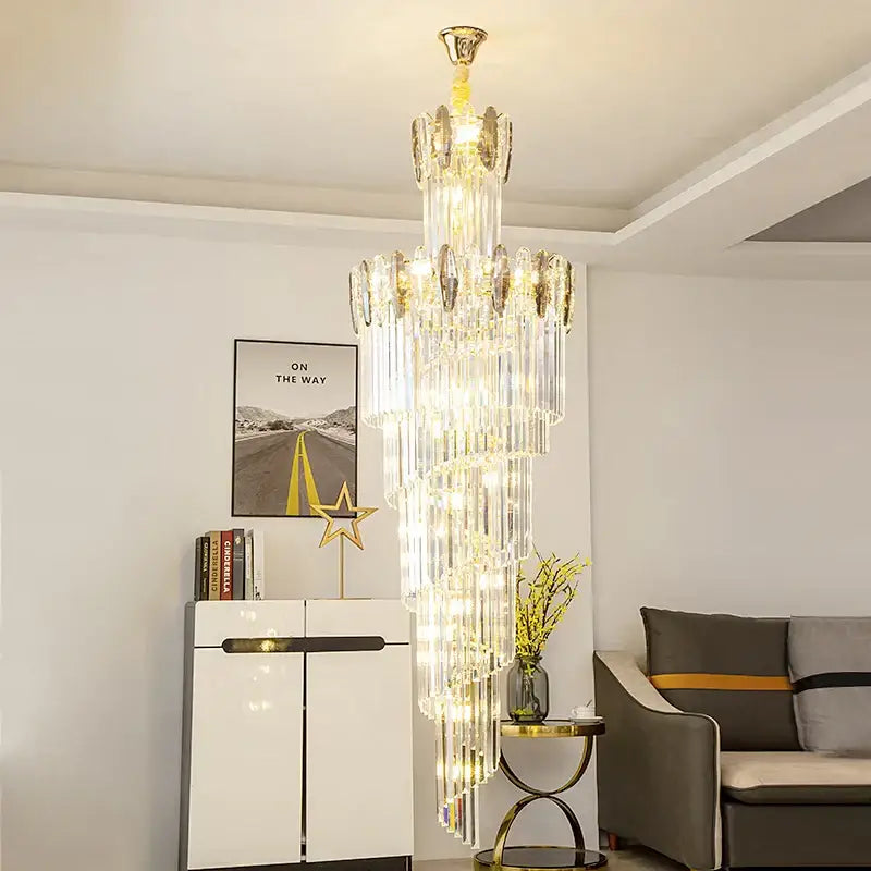 crystal chandelier gold multi tier staircase light