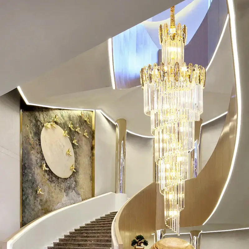 crystal chandelier gold multi tier staircase light
