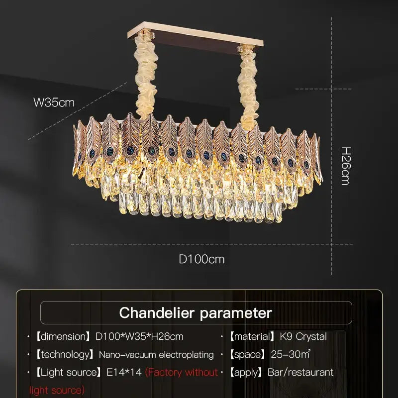 Golden peacock crystal chandelier living room teardrop pendant light