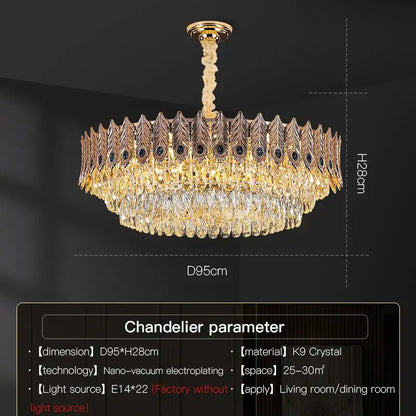 Golden peacock crystal chandelier living room teardrop pendant light