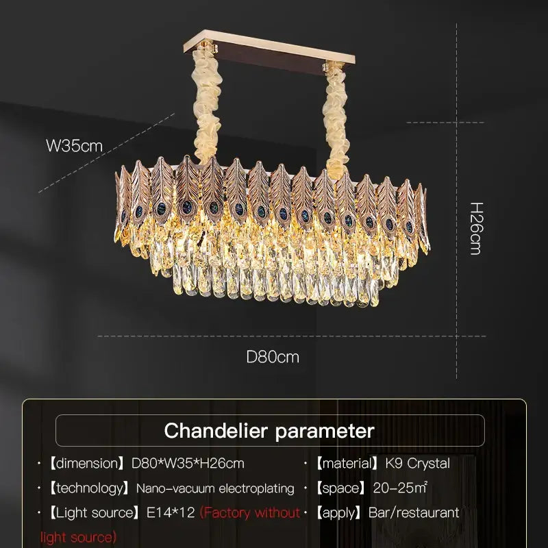 Golden peacock crystal chandelier living room teardrop pendant light