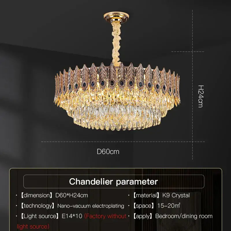 Golden peacock crystal chandelier living room teardrop pendant light