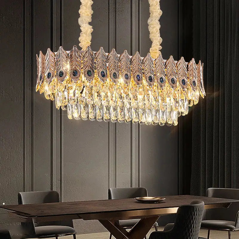 Golden peacock crystal chandelier living room teardrop pendant light