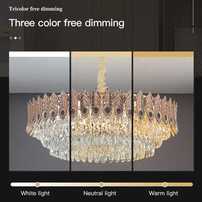 Golden peacock crystal chandelier living room teardrop pendant light