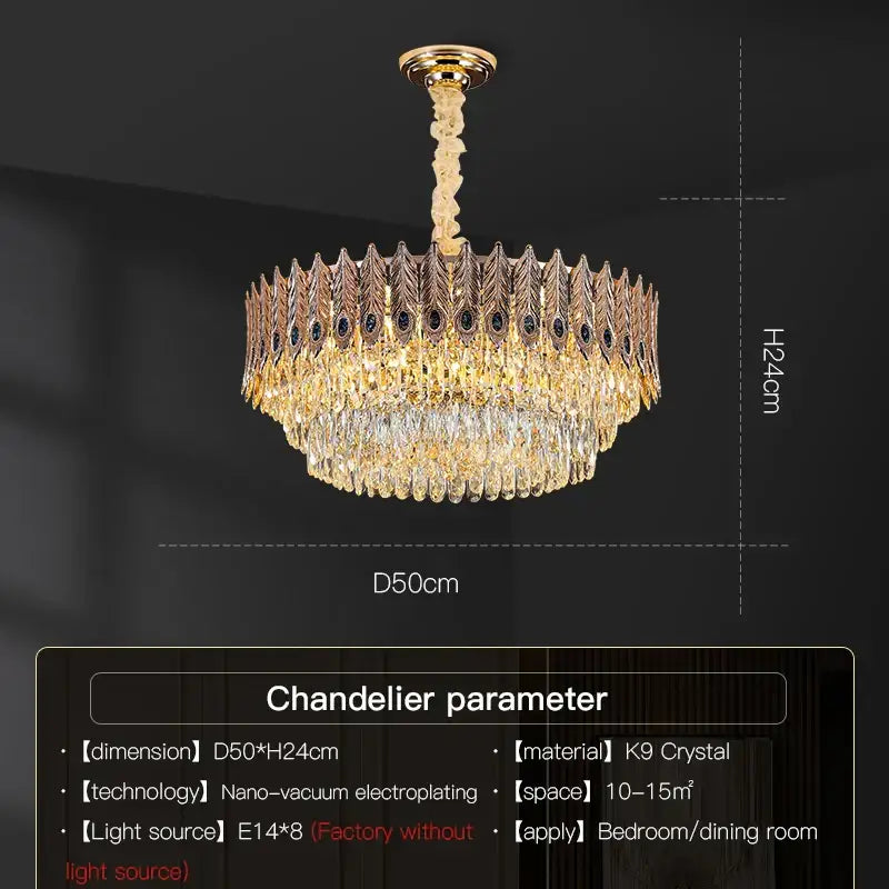 Golden peacock crystal chandelier living room teardrop pendant light
