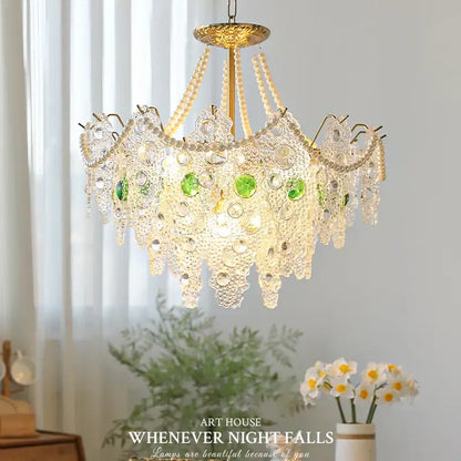Retro gold and green crystal chandelier for dining room