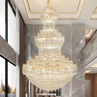 European gold multi tier crystal chandelier staircase light