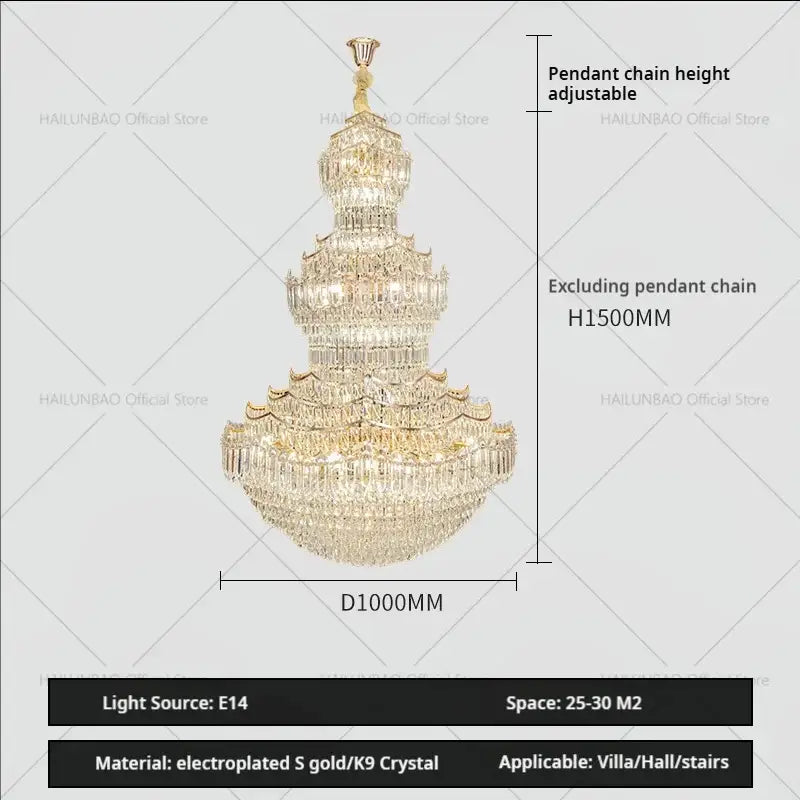 European gold multi tier crystal chandelier staircase light