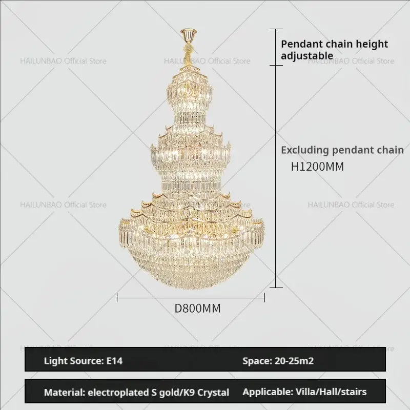 European gold multi tier crystal chandelier staircase light