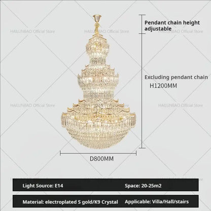 European gold multi tier crystal chandelier staircase light