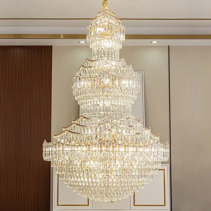 European gold multi tier crystal chandelier staircase light