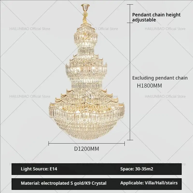 European gold multi tier crystal chandelier staircase light