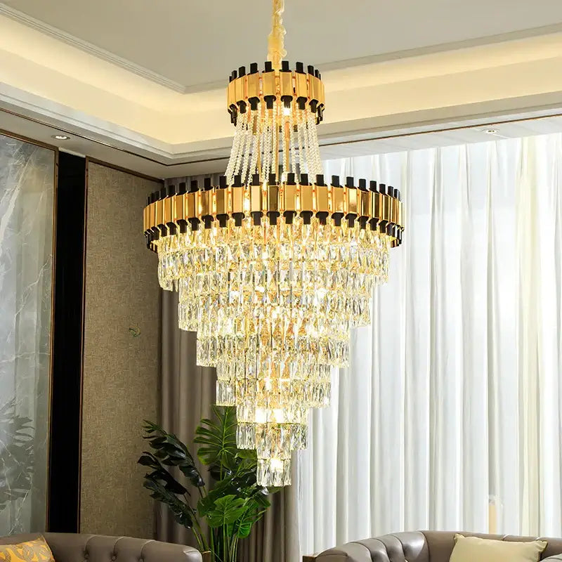 Modern gold and black crystal chandelier dining room cascading tiers