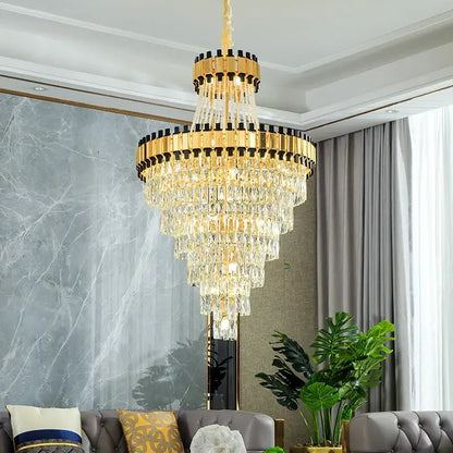 Modern gold and black crystal chandelier dining room cascading tiers