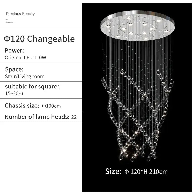Modern chrome crystal chandelier living room spiral pendant