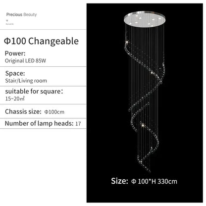 Modern chrome crystal chandelier living room spiral pendant