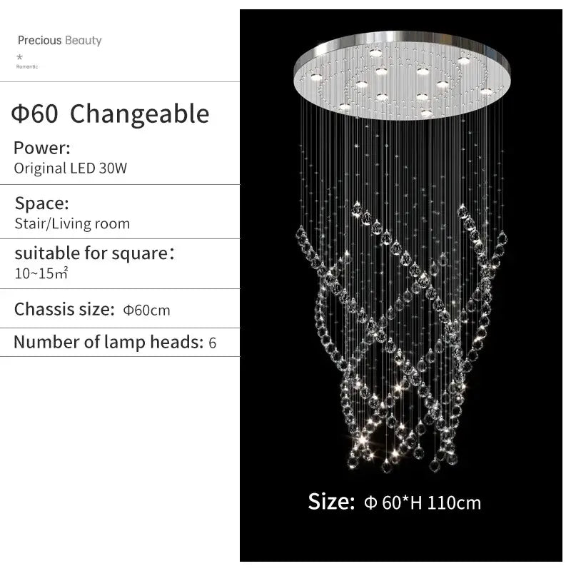 Modern chrome crystal chandelier living room spiral pendant