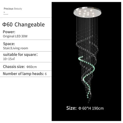 Modern chrome crystal chandelier living room spiral pendant