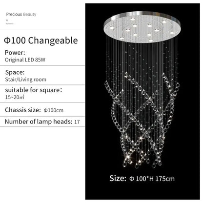 Modern chrome crystal chandelier living room spiral pendant