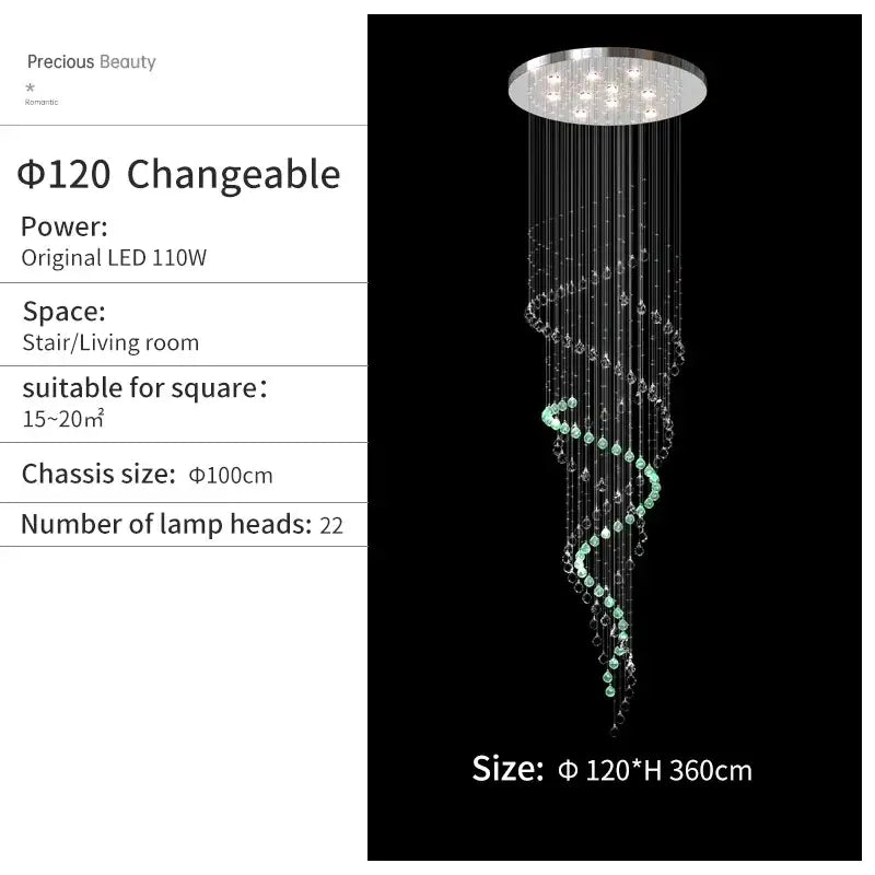 Modern chrome crystal chandelier living room spiral pendant
