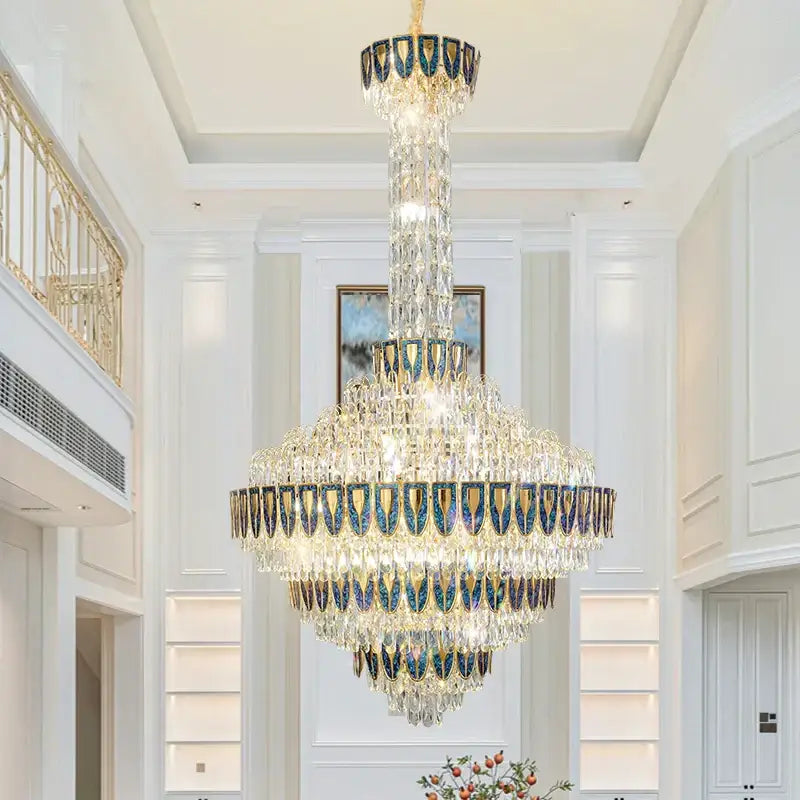 Modern gold and iridescent blue crystal chandelier living room