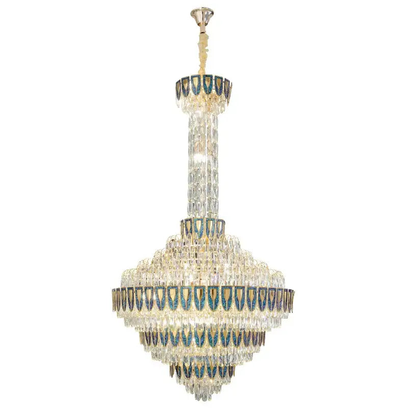 Modern gold and iridescent blue crystal chandelier living room
