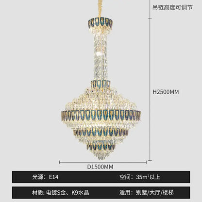 Modern gold and iridescent blue crystal chandelier living room