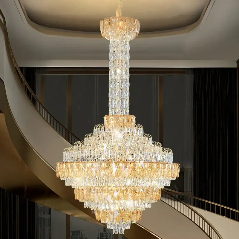 Modern gold and iridescent blue crystal chandelier living room