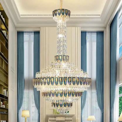 Modern gold and iridescent blue crystal chandelier living room