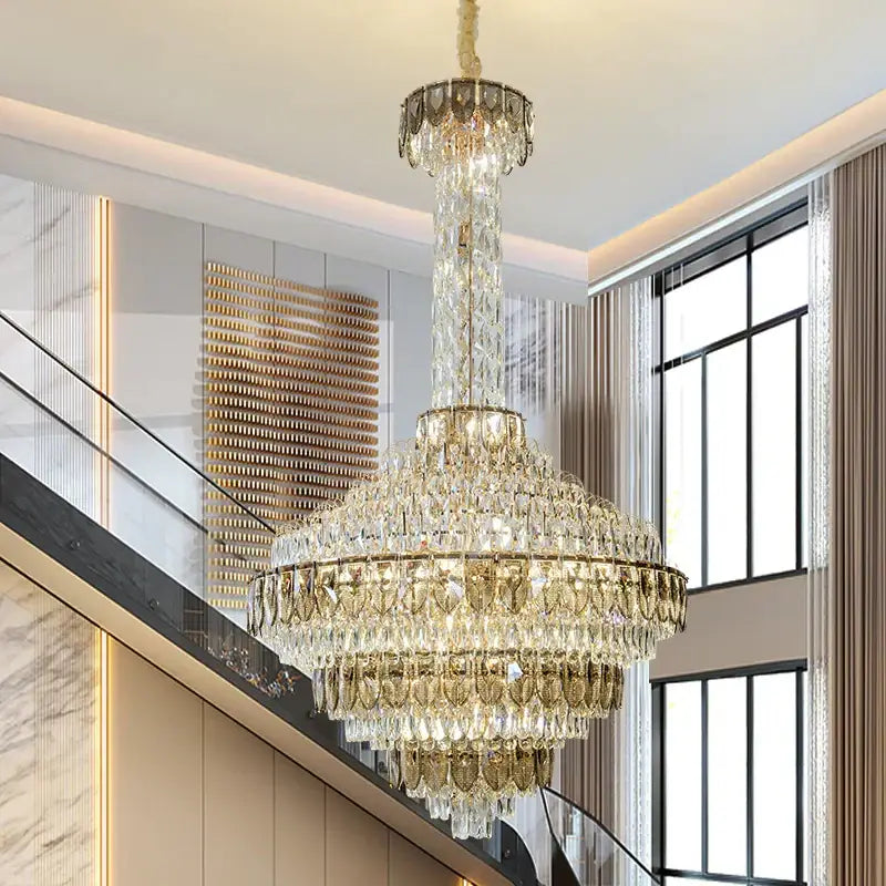 Modern gold and iridescent blue crystal chandelier living room