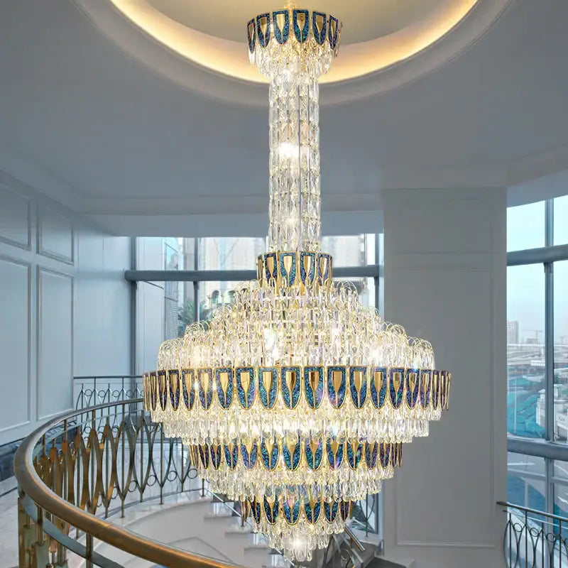 Modern gold and iridescent blue crystal chandelier living room
