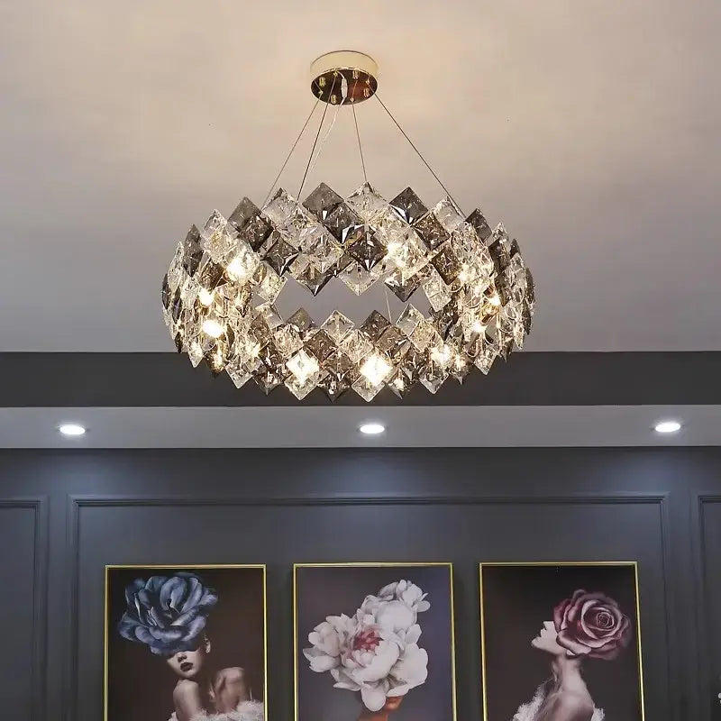 Modern gold crystal chandelier for living room overlapping ring light