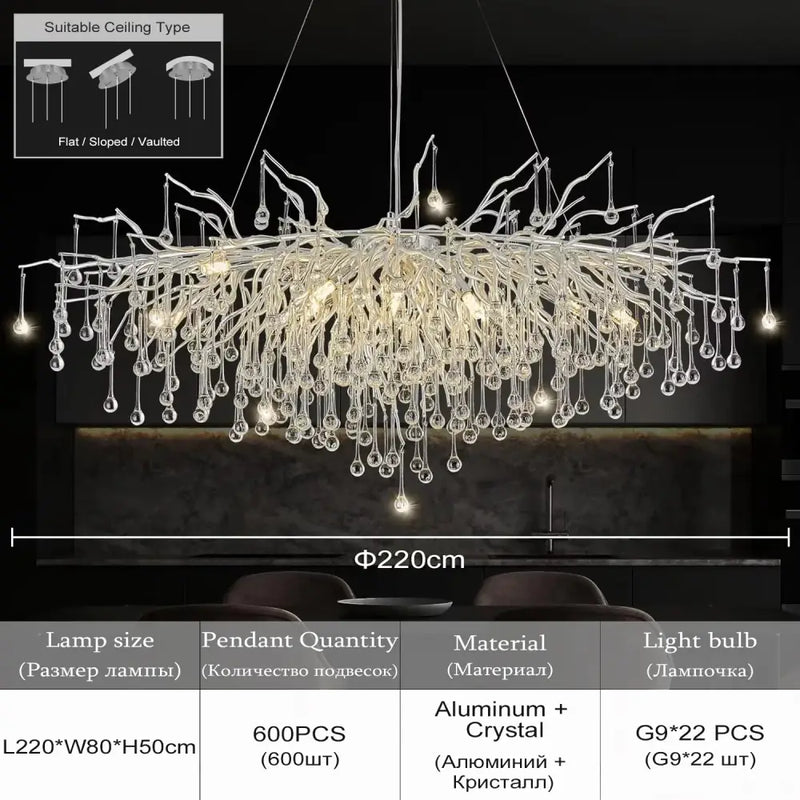 Modern branching crystal chandelier for living room aluminum lamp