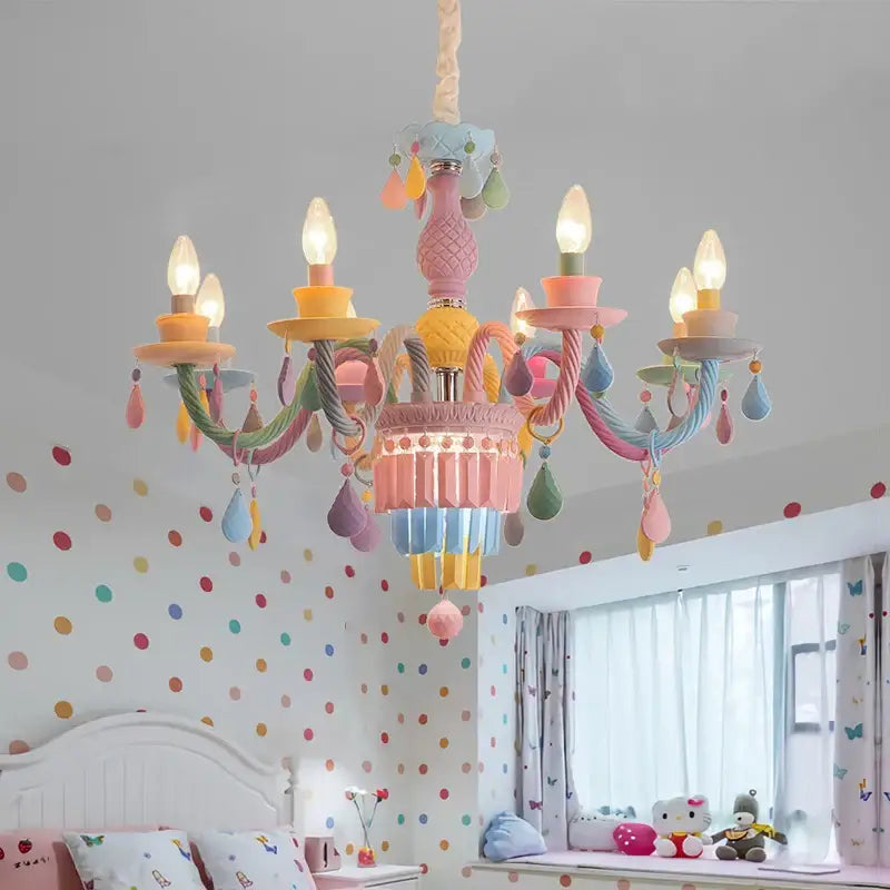Pastel multi color crystal chandelier girl bedroom lamp