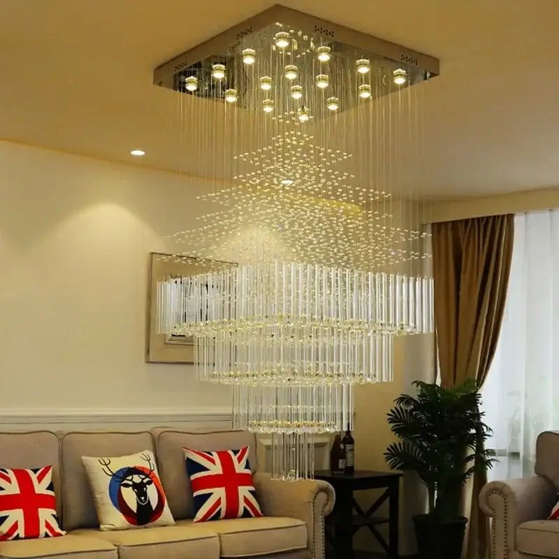 Modern multi tiered square crystal chandelier living room ceiling light