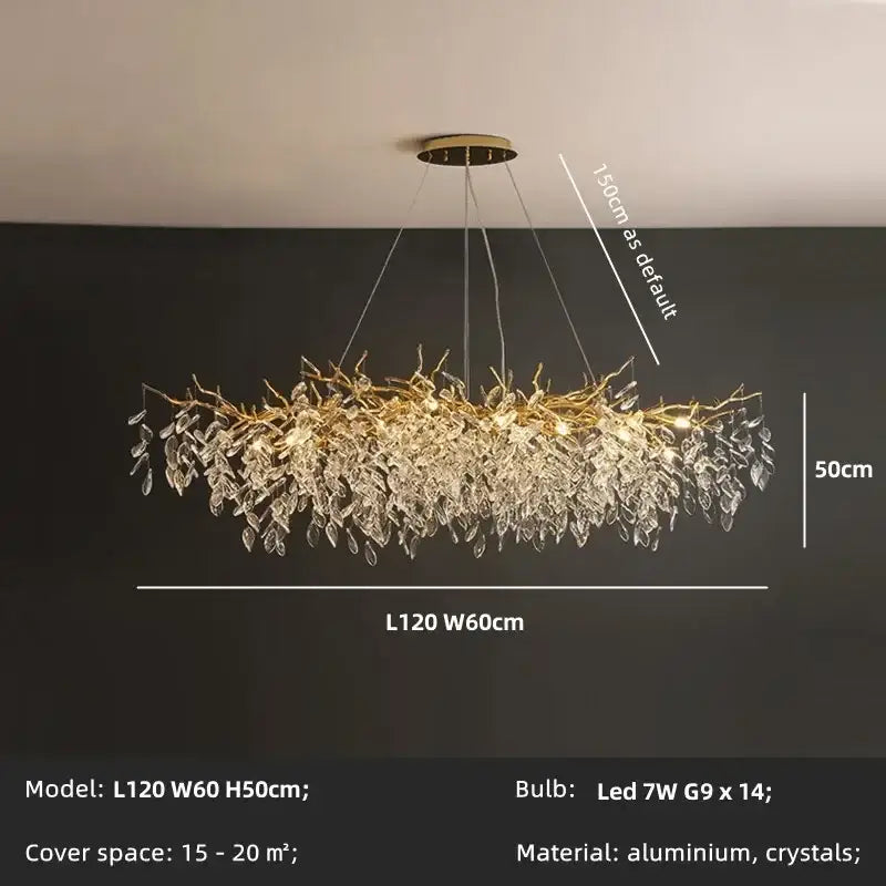 Golden branch crystal chandelier dining room leaf pendant light