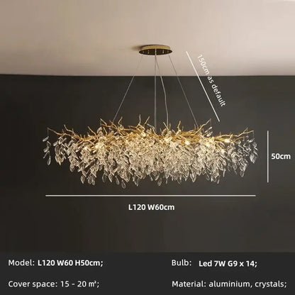 Golden branch crystal chandelier dining room leaf pendant light