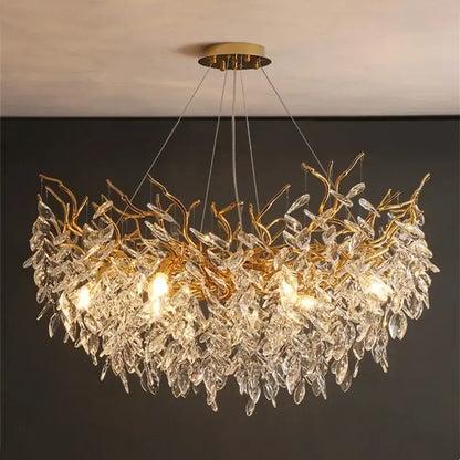 Golden branch crystal chandelier dining room leaf pendant light