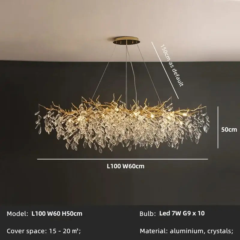 Golden branch crystal chandelier dining room leaf pendant light