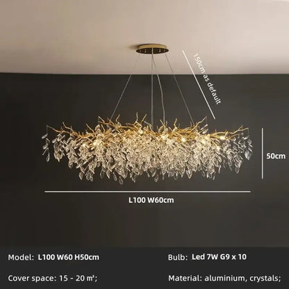 Golden branch crystal chandelier dining room leaf pendant light