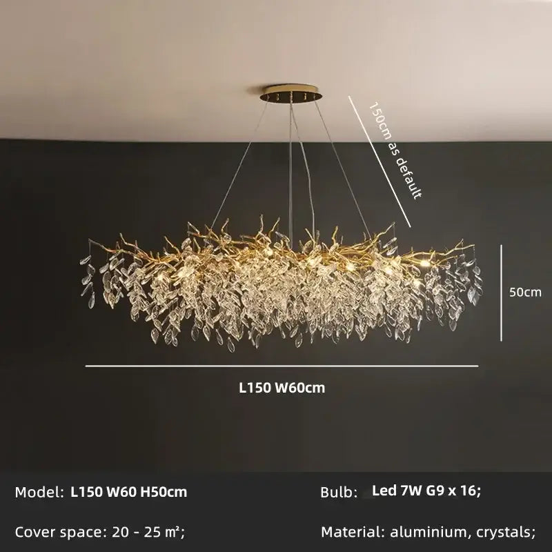 Golden branch crystal chandelier dining room leaf pendant light