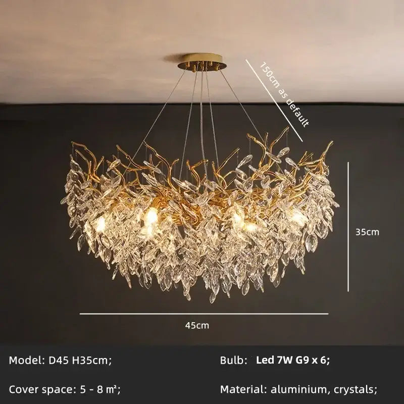 Golden branch crystal chandelier dining room leaf pendant light