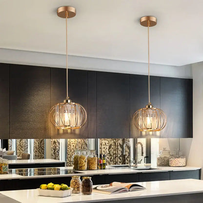 Modern gold crystal cage pendant light fixture for dining room