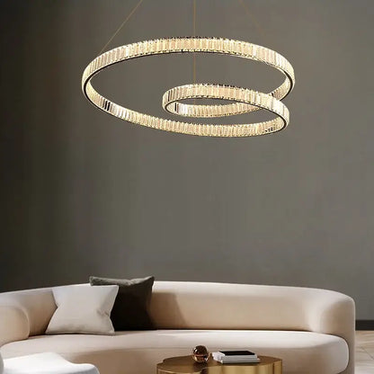 Modern gold double ring crystal chandelier led light fixture dining room