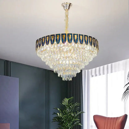 Luxury blue & gold tiered crystal chandelier living room