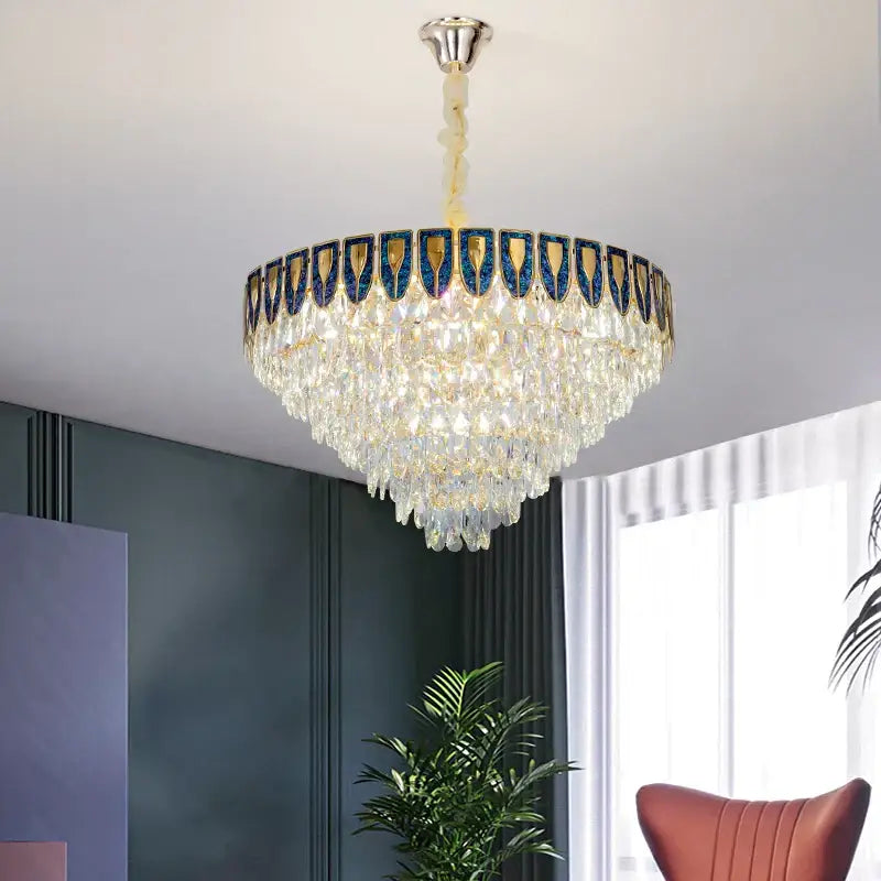 Luxury blue & gold tiered crystal chandelier living room