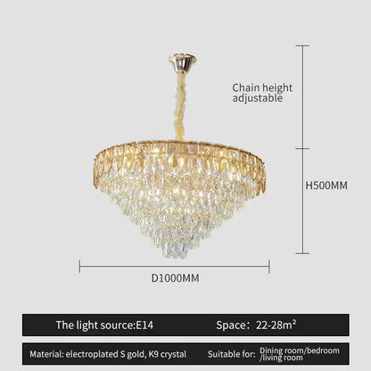 Luxury blue & gold tiered crystal chandelier living room