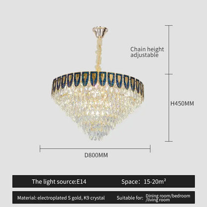 Luxury blue & gold tiered crystal chandelier living room