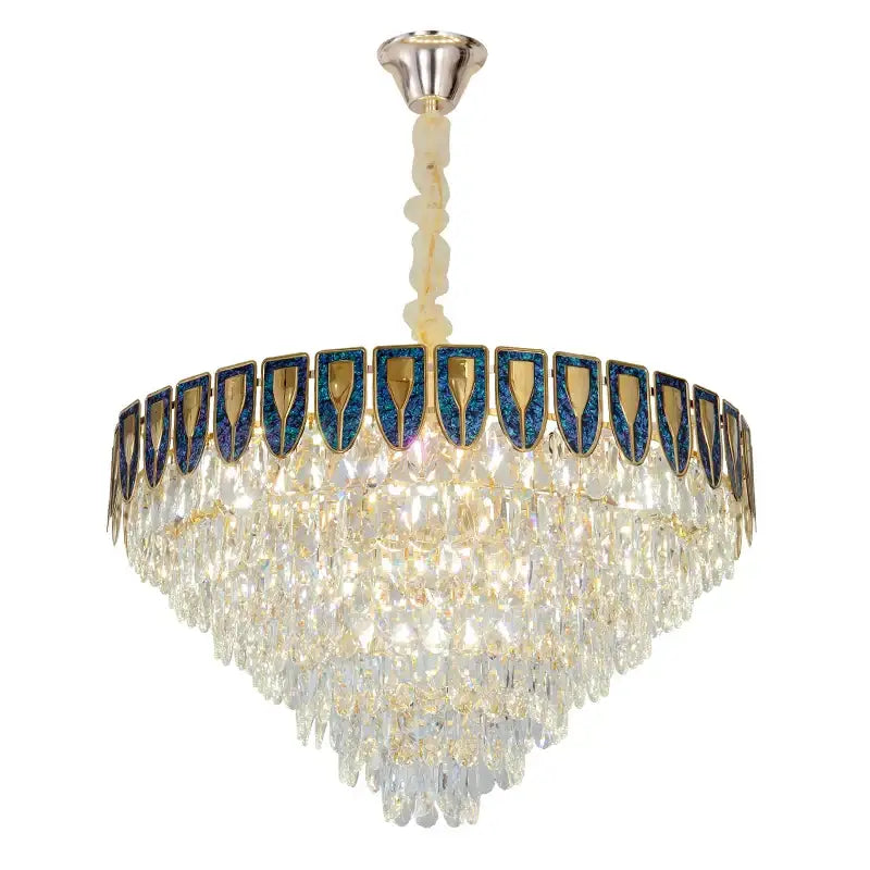Luxury blue & gold tiered crystal chandelier living room