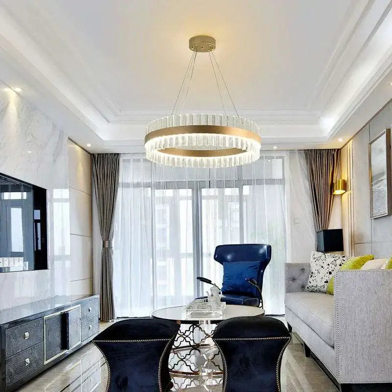 Modern gold crystal chandelier led ring lamp dining room decor
